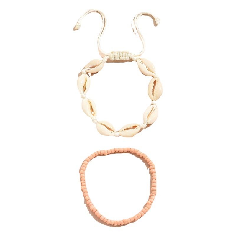 Europeo y americano transfronterizo nuevo estilo bohemio cuentas de arroz tobillos de dos piezas conjunto de concha natural anudado adornos de pie al por mayor