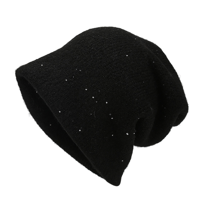 가을 겨울 모자 여성 모직 니트 모자 큰 머리 둘레 더미 모자 따뜻하고 두꺼운 모자 3 개 착용 스팽글 풀오버 모자 유행