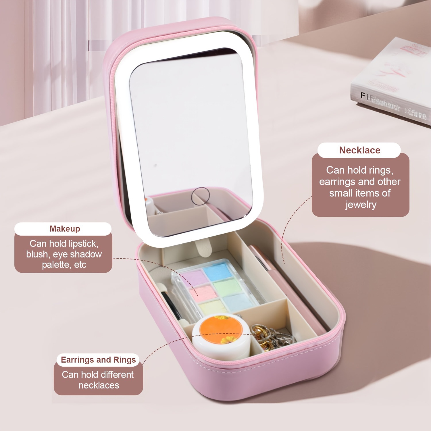 Compact Pink led Lighted Makeup Mirror con Storage Box Transfronterizo