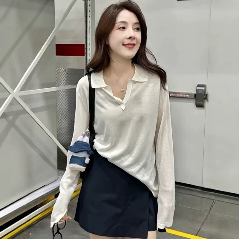 Lapel Collar Thin Elegant Linen Ice Silk Knit Top for Women 2025 New Summer Loose Sun Protection Long-Sleeve Blouse Lapel Collar Thin Elegant Linen Ice Silk Knit Top for Women 2025 New Summer Loose Sun Protection Long-Sleeve Blouse