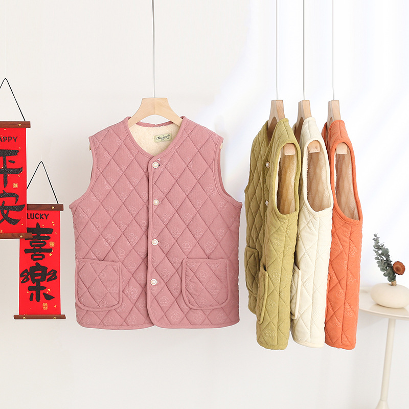 코듀로이 따뜻한 조끼 2024 가을과 겨울 노인을위한 새로운 두꺼운 조끼