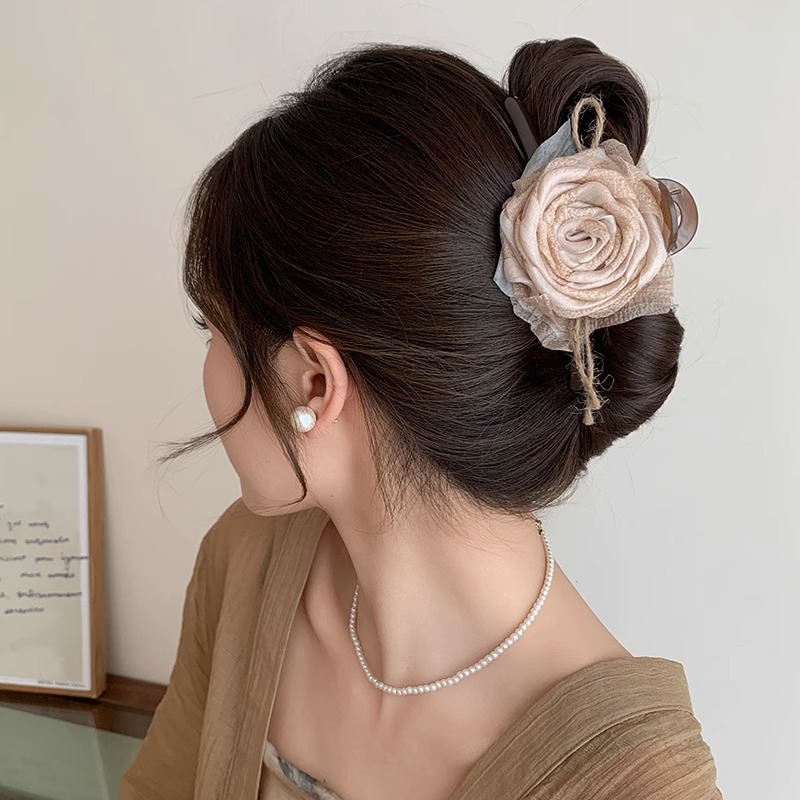 Rosas secas flores antiguas clip de agarre para mujeres 2025 sensación de alto nivel clip de tiburón de tamaño grande cabeza atrás clip de cabello tocado