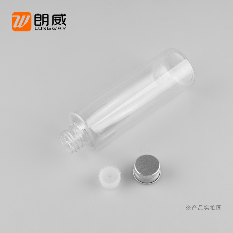 200ml de hombro plano de oro plata botella de tapa de aluminio botella de plástico cosmético sub-embalaje puro botella de rocío botella de tapa de aluminio para mascotas