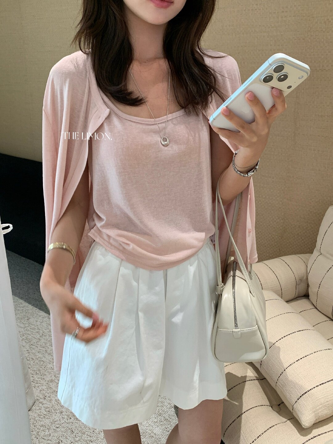 Bộ cardigan len mỏng kèm áo hai dây hai mảnh nữ mùa hè — Xám cacbon, xanh lam, màu hồng, Đậu xanh chi tiết 102