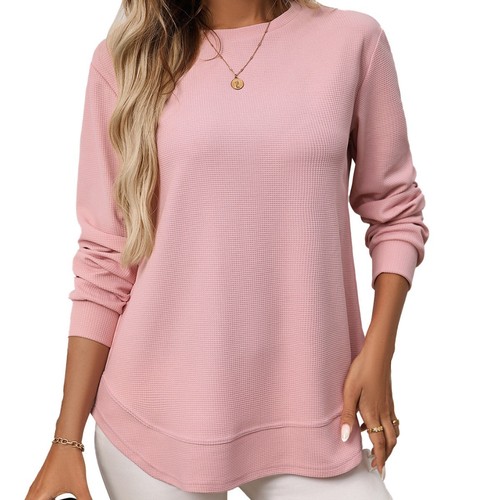 2025 Amazon Women's Autumn and Winter New Cross-border European and American Loose Waffle Casual Multi-purpose T-shirt Knitted Long-sleeved 