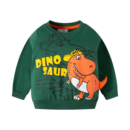 2025 Autumn New Be Top Children's Cartoon 3D Dinosaur Boys' Sweatshirt Pure Cotton Crew Neck Knit Top