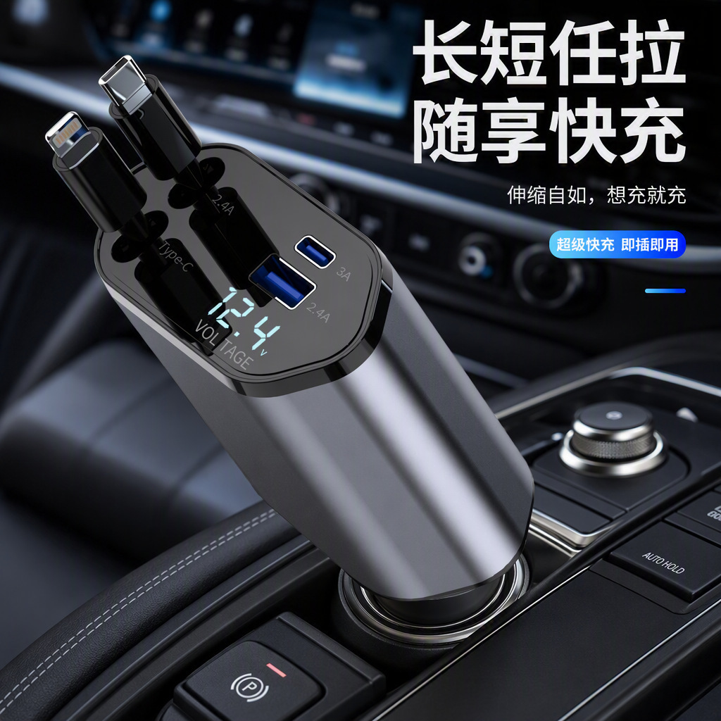 Cross-Border Car Mobile Phone Charger 120W Super Fast Charging with Built-In Retractable Cable and Digital Display Cigarette Lighter Car Charger