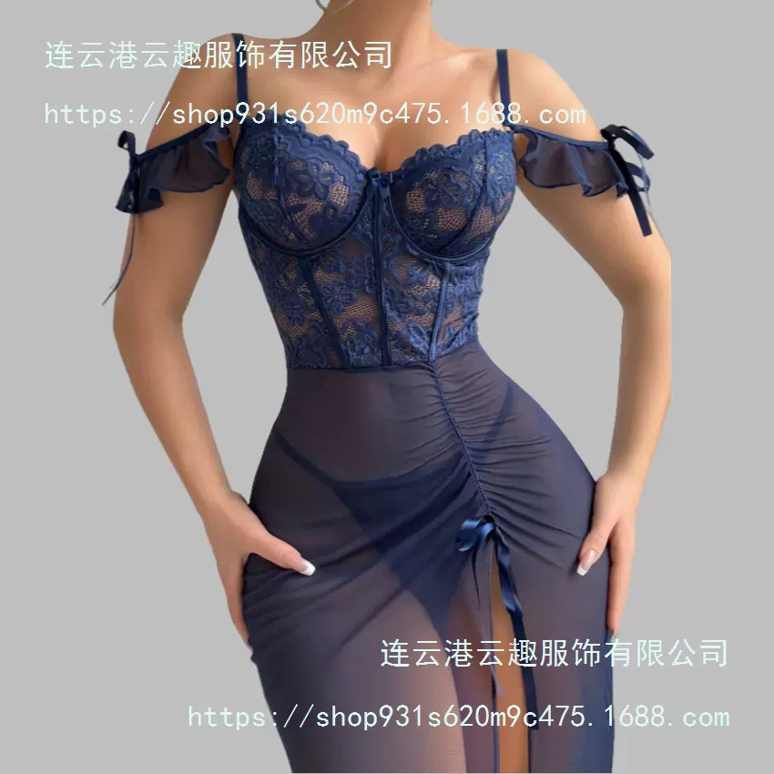 跨境夏性感蕾丝拼接情趣内衣套装花边一字领吊带网纱透视女睡裙