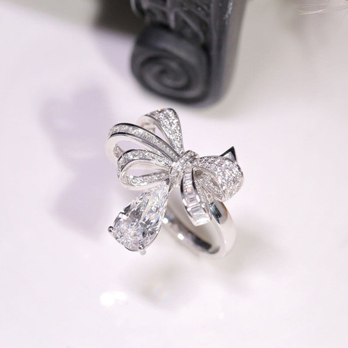 Live Streaming Ins Style Bow Ring for Women, Unique Design, Light Luxury, 3D Droplet Pear Shape High Carbon Diamond Index Finger Ring