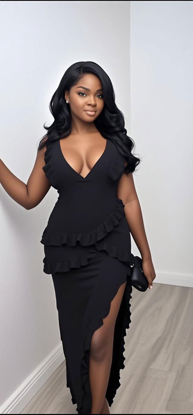 Sexy Ruffled Patchwork Dress Style Backless Slit Solid Color Fashion Elegant Women's Clothing_ecoleips.com