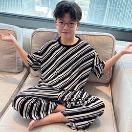 黁白儿童睡衣男童夏季冰丝短袖套装新款男孩空调服中大童可外穿家