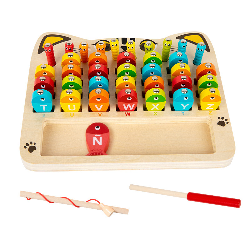 Educación temprana para niños de madera, geometría, forma de pesca, juguete, rompecabezas, coordinación mano-ojo, coincidencia de color, cognición Montessori, juego