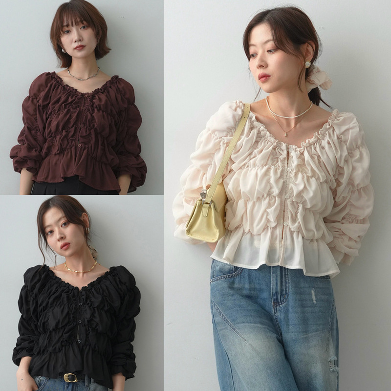 2026 Lotte Cross-Border Japanese-Style Pleated Chiffon Long-Sleeve T-Shirt for Women, Waist-Cinching Puff Sleeves, Elegant and Versatile for Work and Casual Wear 2026 Lotte Cross-Border Japanese-Style Pleated Chiffon Long-Sleeve T-Shirt for Women, Waist-Cinching Puff Sleeves, Elegant and Versatile for Work and Casual Wear