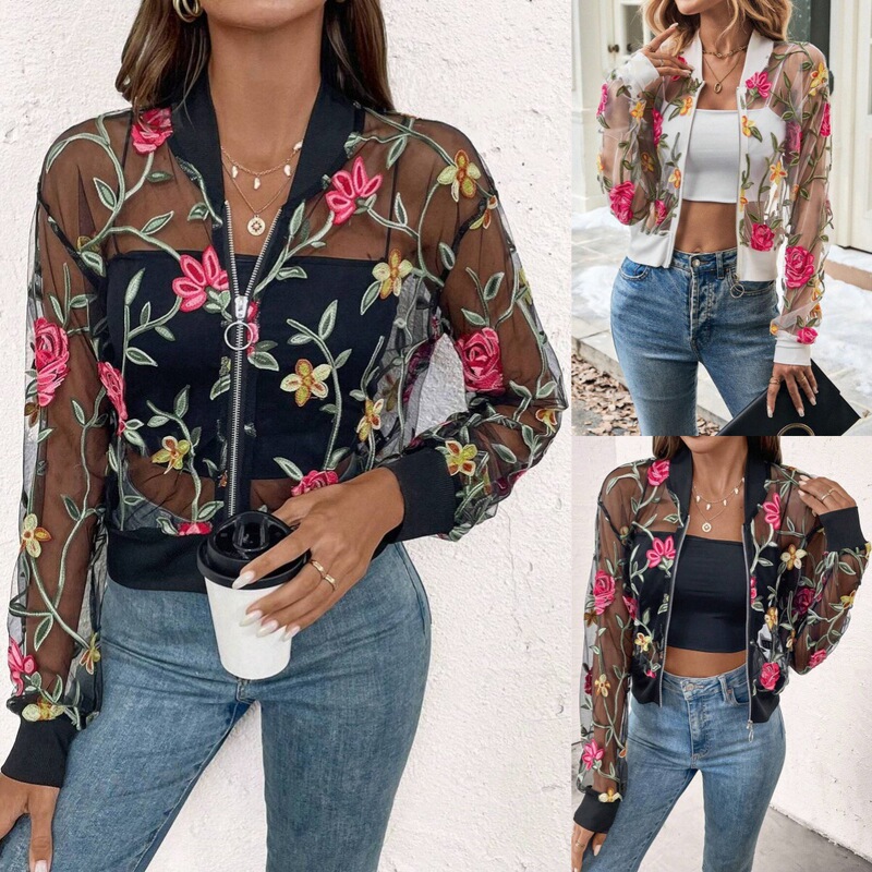 Quality European and American Women's Cross-border Amazon 2024 Autumn and Winter New Lace Mesh Jacket Fashion Hollow Jacket Quality European and American Women's Cross-border Amazon 2024 Autumn and Winter New Lace Mesh Jacket Fashion Hollow Jacket