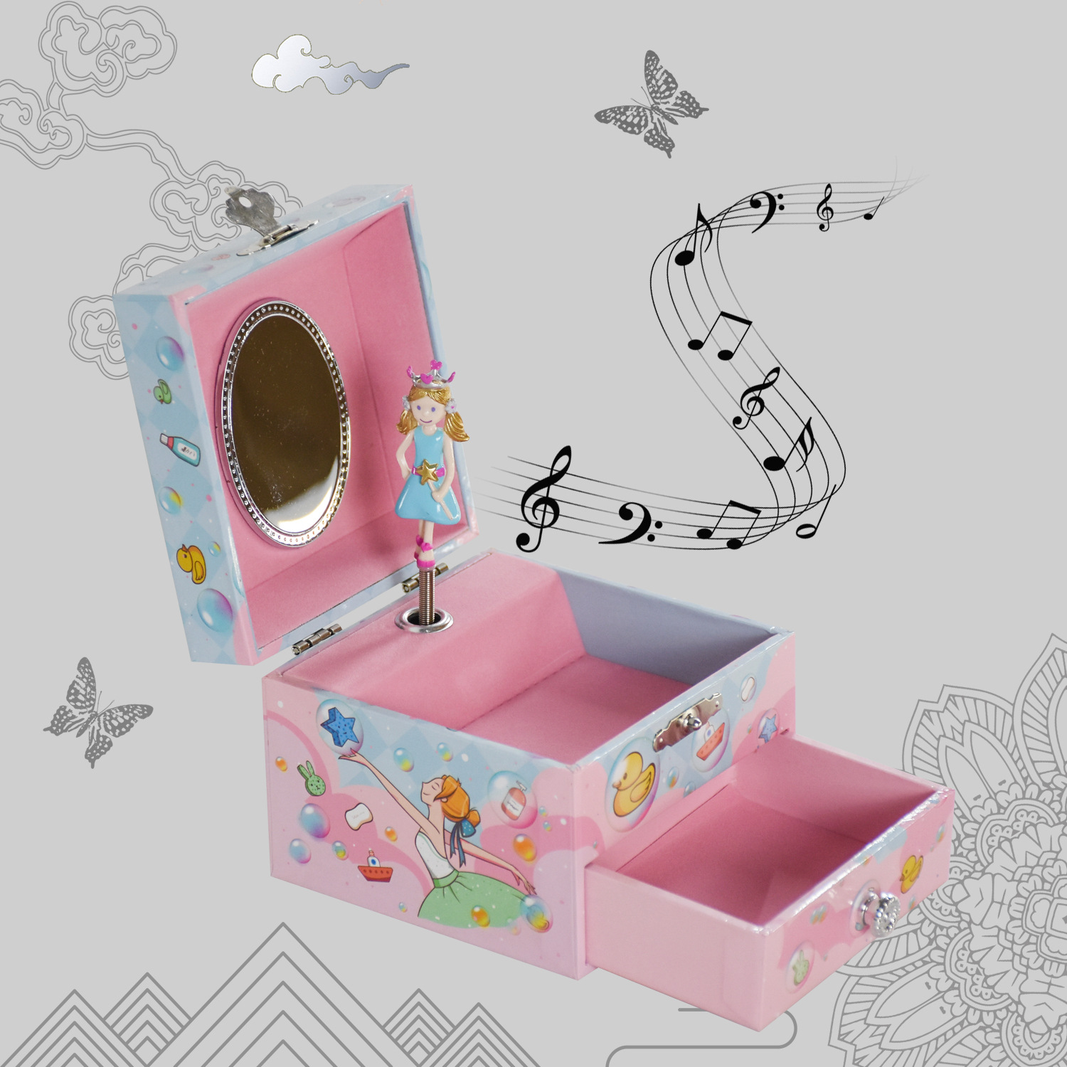Caja de joyería musical transfronteriza, caja de música popular giratoria de madera para niña, regalo de juguete para niños FXC-B