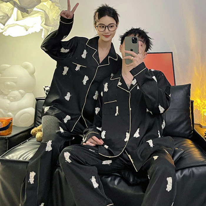 Pareja pijamas de mujer primavera y otoño seda de hielo manga larga hombres delgados Jacquard más tamaño traje de desgaste de seda real