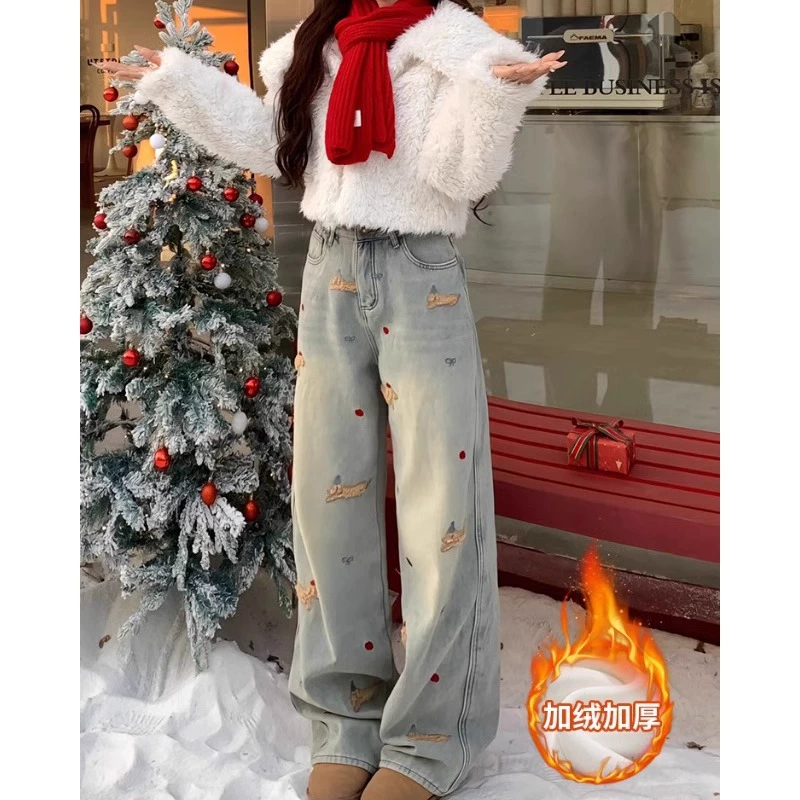 Рождественские вышитые щенки джинсы женские слегка толстые зимние новые высокие талии тонкие и бархатные теплые широкие брюки