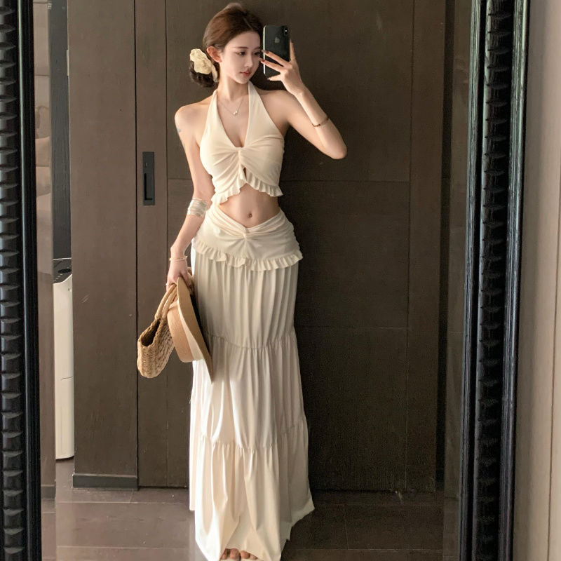 Holiday Style suit Spice Girl Kink Back Neck Beach Dress Summer Wear High Waist Skirt apricot Swimsuit