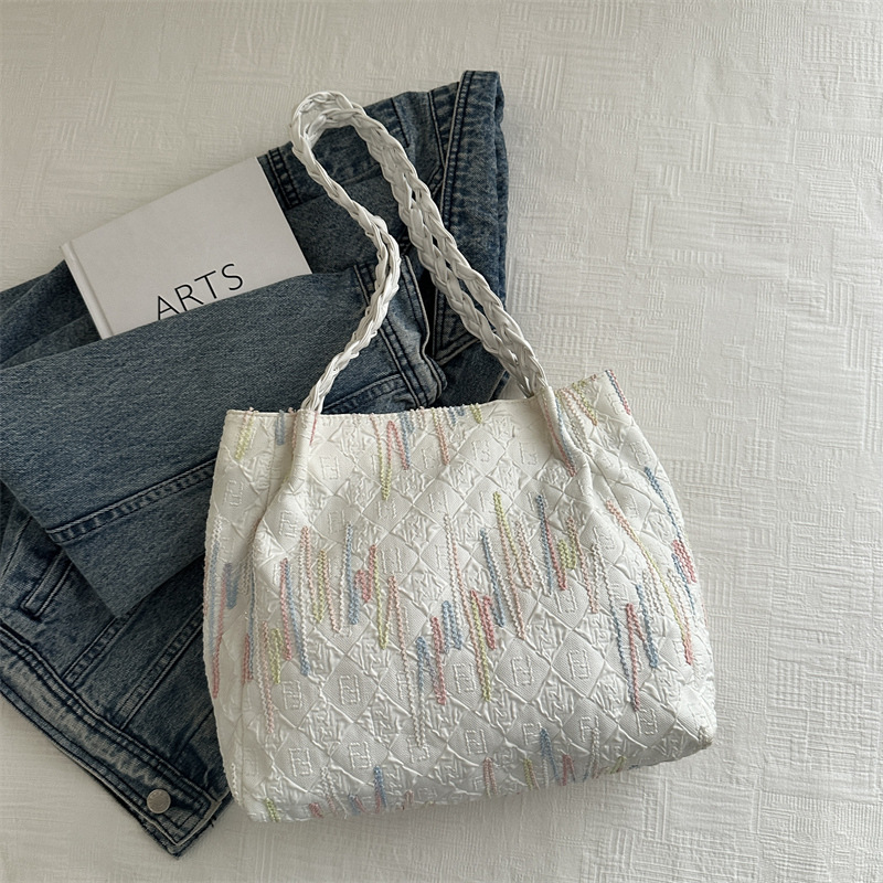 Bolsa de lona bordada a rayas de gran capacidad para mujeres 2024, nueva bolsa de hombro para estudiantes universitarios de clase