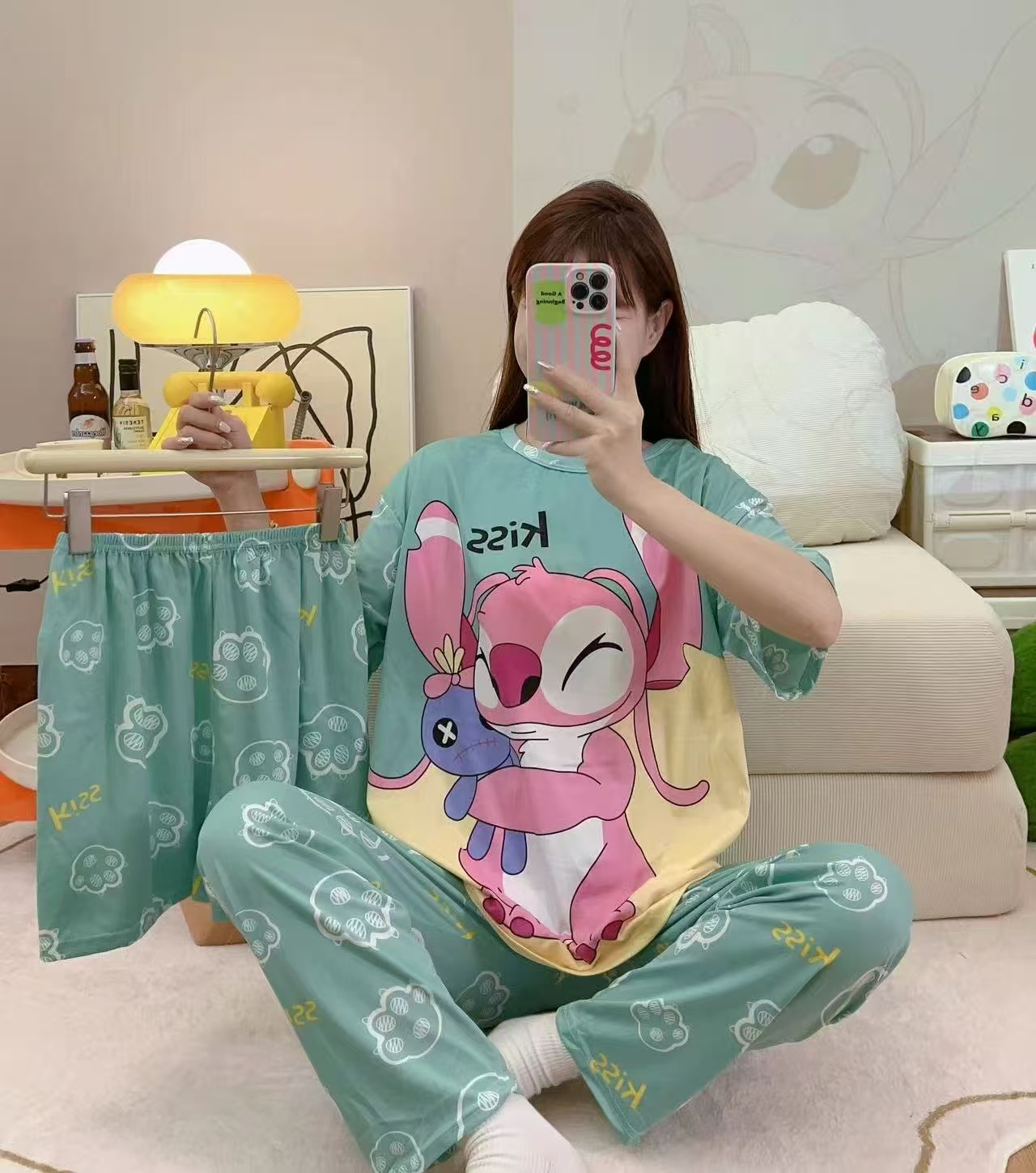 Pijamas de verano transfronterizos pijamas de leche de seda de tres piezas set de dibujos animados comercio exterior ropa para el hogar pantalones de mangas cortas lindos