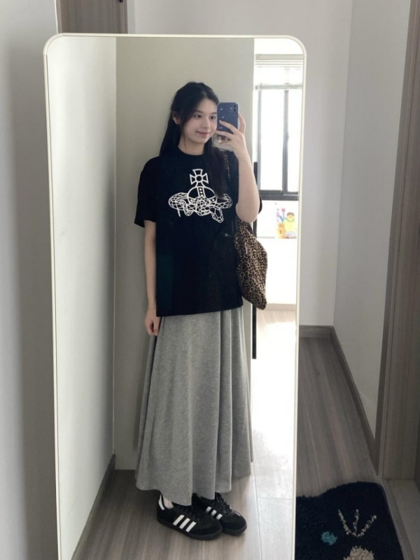 套装女2025新款韩版宽松简约短袖T恤上衣+高腰半身裙两件套秋季|undefined