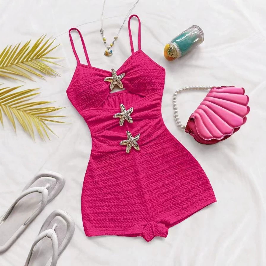 Textured Ruffle Strap One-Piece Swimsuit With Starfish Accent, Cutout Waist Design For Women's Vacation Hot Spring Wear_ecoleips.com
