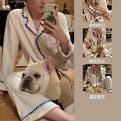 デコルテ純色シンプル長袖長ズボンパジャマ女性秋冬厚手保温シンプルカジュアルカーディガン家庭服セット