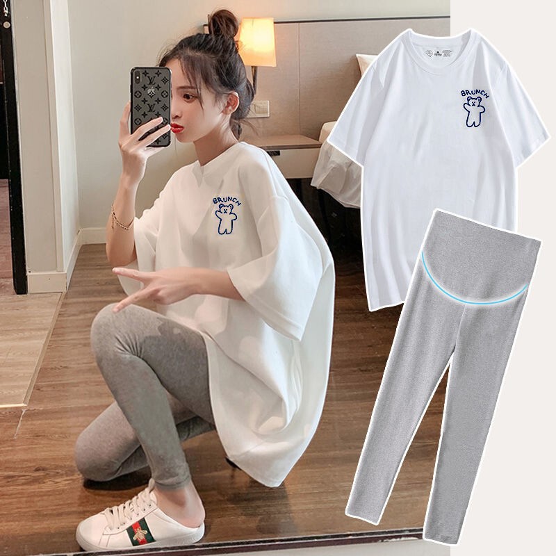 Maternity Dress Summer suit T-Shirt Spring and Summer Fashionable Loose Internet Popular Short-sleeved Small Maternity Dress Two-piece suit