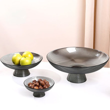 酒店客厅摆件水果零食盘糖果碗欧式轻奢高脚玻璃盘烟灰色水果碗