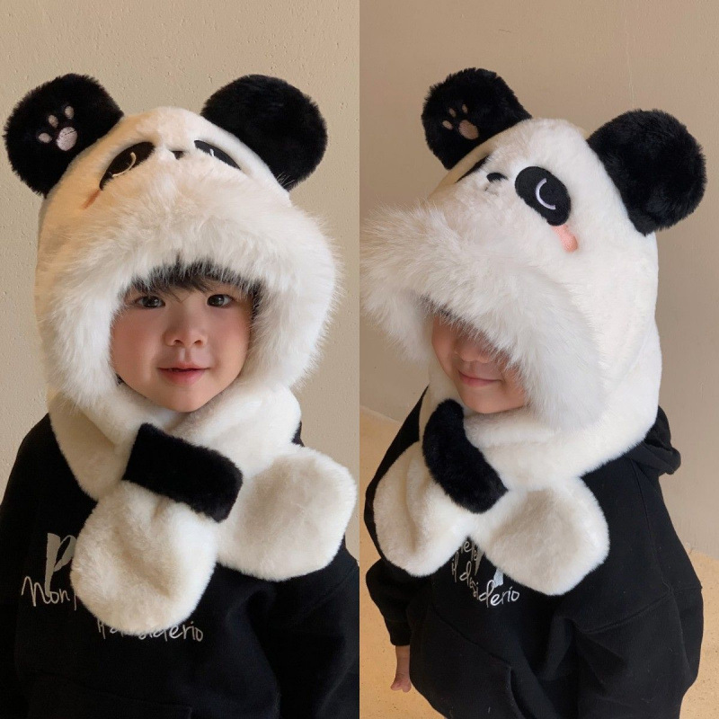 儿童帽子围巾一体可爱熊猫卡通加厚保暖男女童秋冬护耳宝宝套头帽