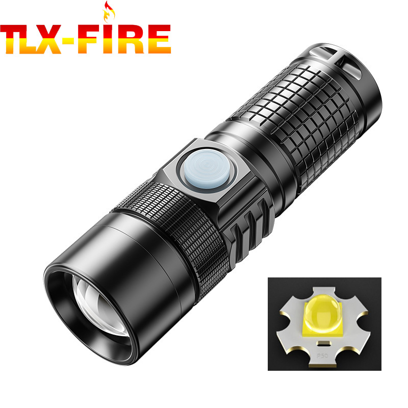 Mini linterna al aire libre multifuncional recargable p50 fuerte cordón ligero portátil fuerte luz tipo-c linterna zoom