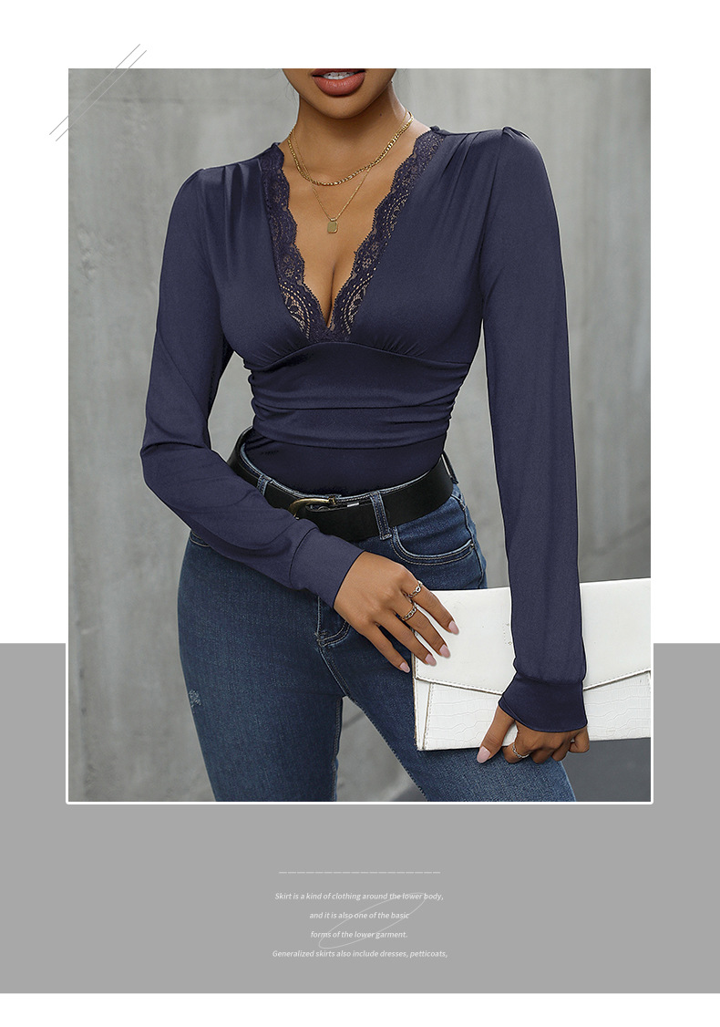 Solid Color Lace Stitching Elegant Long-sleeved Slim Fit Jumpsuit_voghion.com