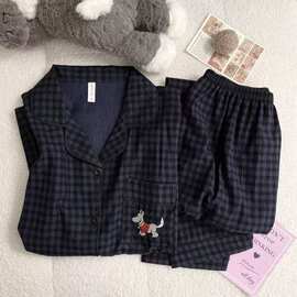 卡通小狗睡衣女春秋季新款开衫长袖长裤两件套家居服可外穿
