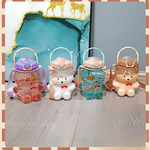 Plastic water cup cute bear large capacity student high-quality appearance straw double drinking cup for children summer outdoor crossbody water bottle