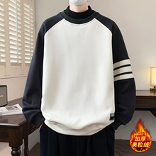冬季加绒加厚美式圆领卫衣男半高领落肩袖T恤潮青少年大童打底衫