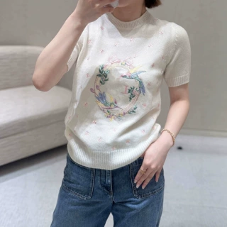 南油高定D家26春夏新款小香风花鸟蝴蝶结刺绣圆领短袖气质毛衣女