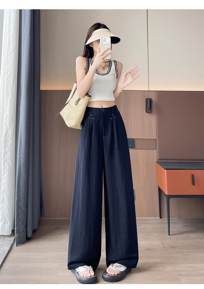 Quần ống rộng vải lụa băng đa năng nữ, phong cách sang trọng mỏng nhẹ mùa hè, quần ống đứng vải lanh Tencel — Màu xanh hải quân (kiểu thông thường) chi tiết 47