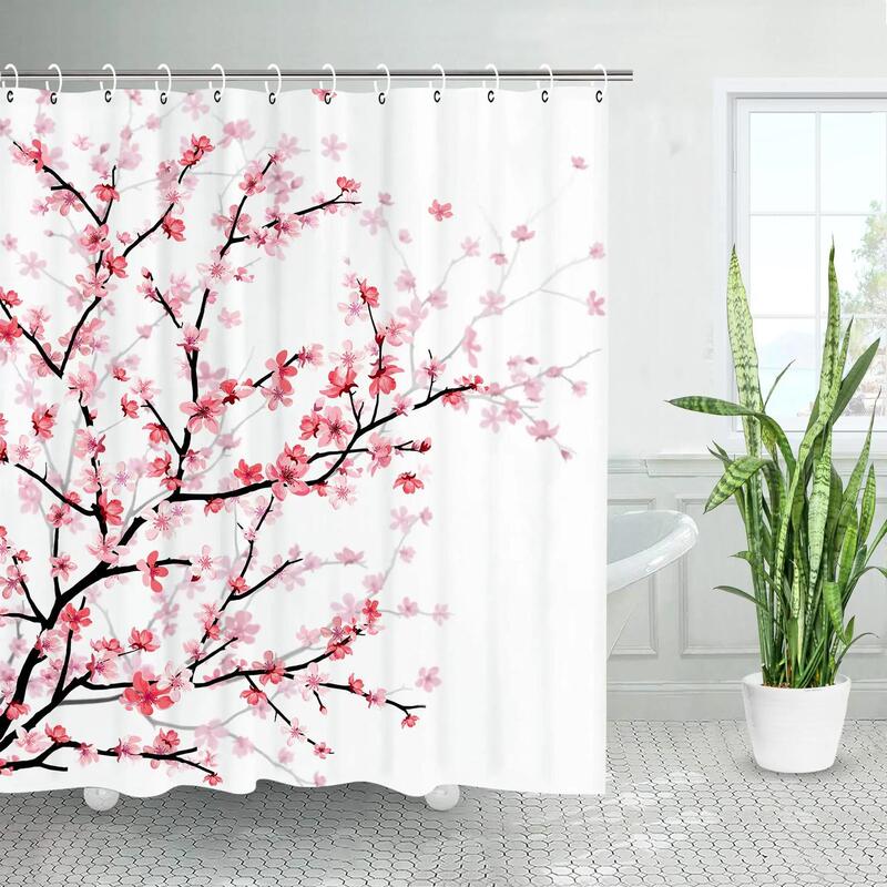 pink cherry blossom peach blossom shower curtain suit flower white background girl bathroom polyester cloth screen 12 with hook