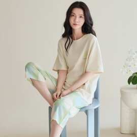 纯棉短袖七分裤女生睡衣套头休闲可外穿全棉短长家居服妈妈睡衣夏