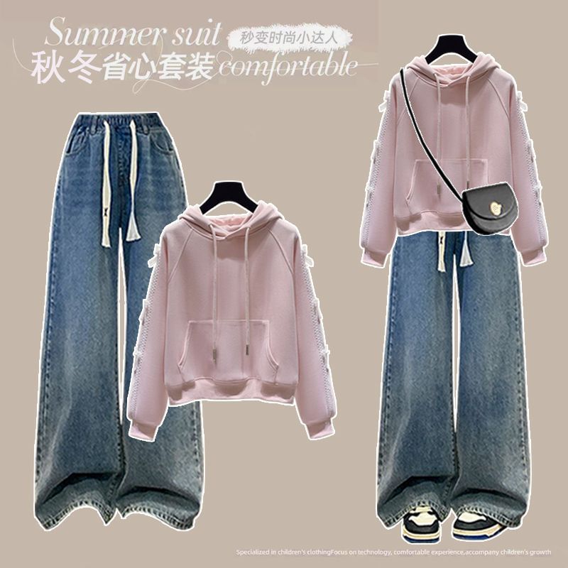 Fashion Suit # Lace Bow T-Shirt Women's Long Sleeve Loose Top with Elastic Waist Drawstring Stretch Jeans