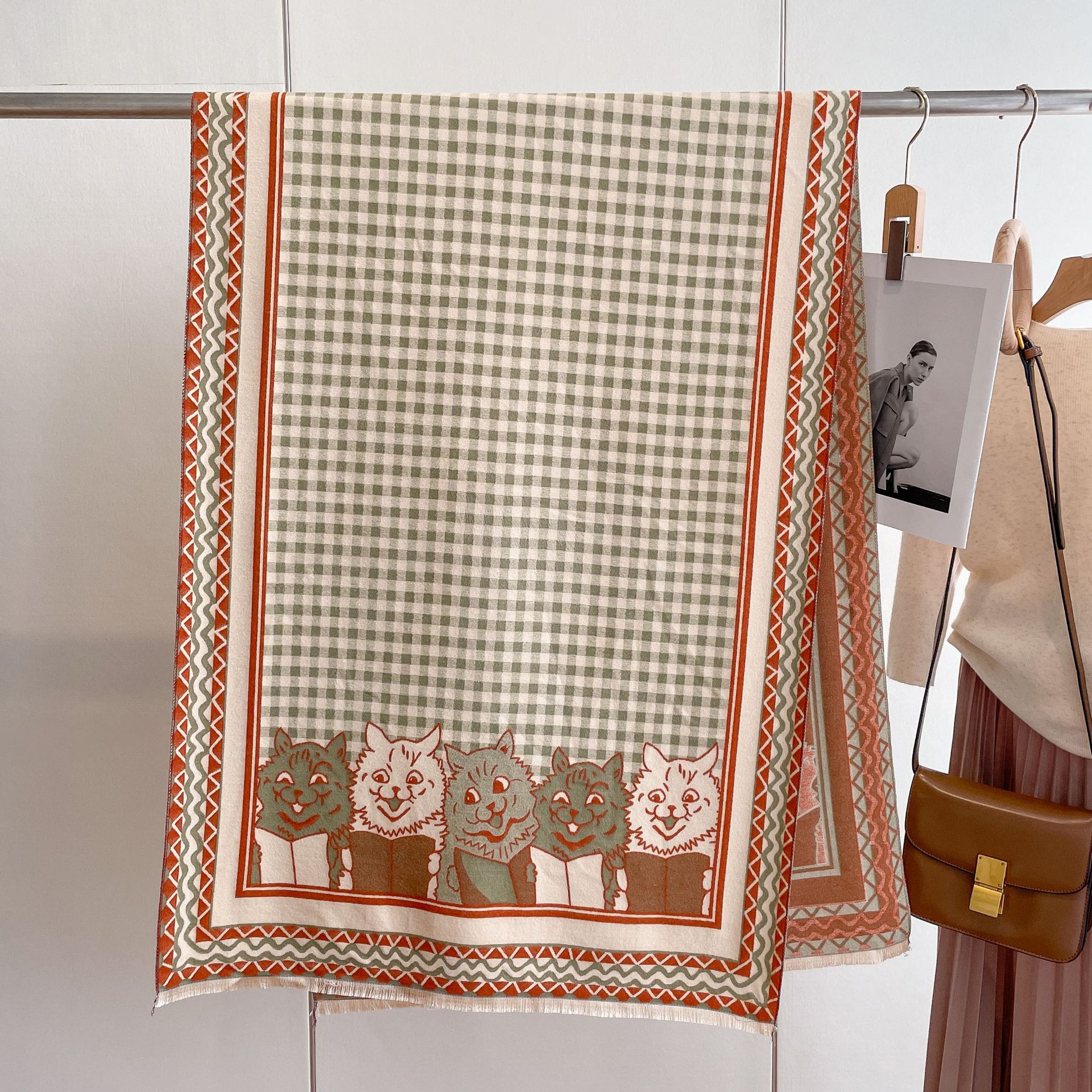 2023 nuevo estilo coreano versátil bufanda engrosada chal otoño e invierno cálido cachemir-como plaid gatito impreso bufanda para mujeres
