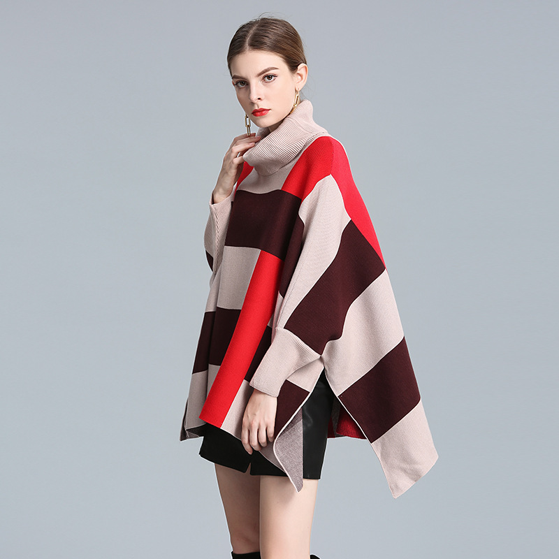Plaid high-neck bat-sleeved cape cape plus-size knitted pullover coat for women_voghion.com