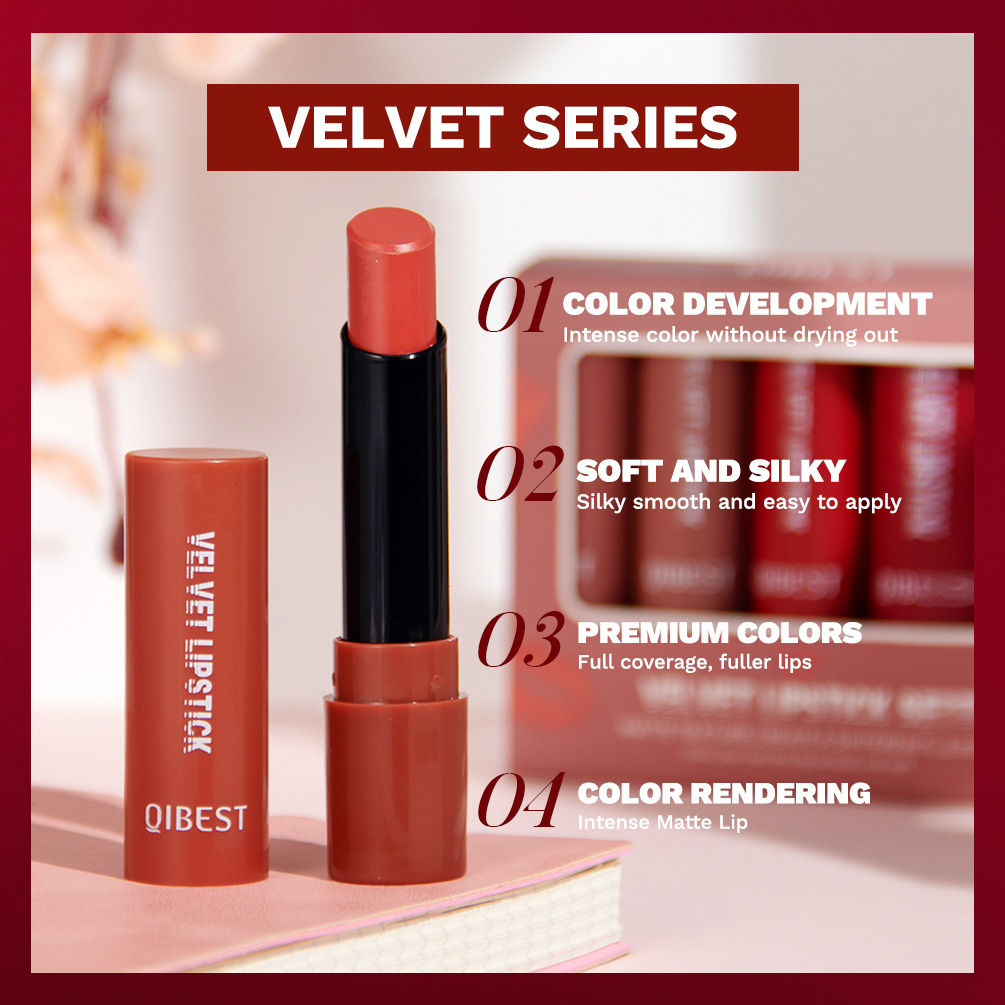 QIBEST matte velvet matte lipstick suit non-stick cup does not fade easy to color moisturizing lasting lipstick makeup