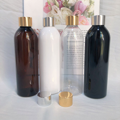 250ml round shoulder ml gold and silver anodized aluminum screw cap PET transparent plastic repackaged solid emulsion empty bottle