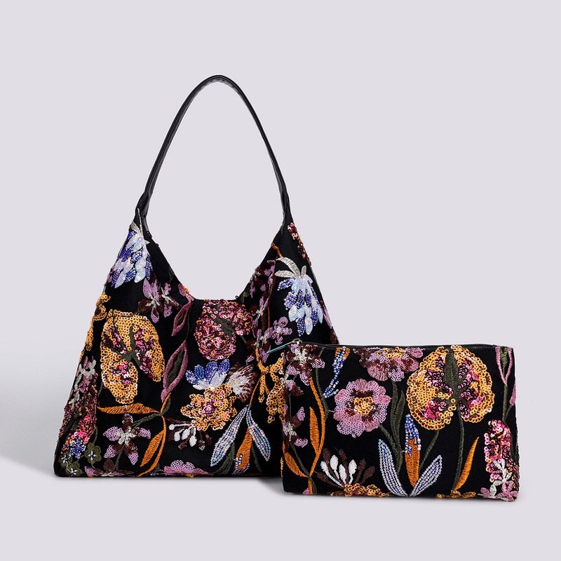 国境を越えたスパンコール刺繍シングルバッグ欧米の新しい女性バッグ女性の高級感カジュアルなpu皮腋の下バッグ|undefined