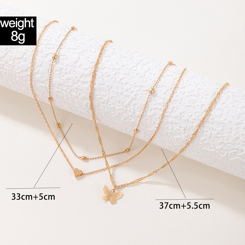 14g Weight Alloy Pendant Material Three Layer Necklace Classification Alloy Chain Material Basic Modern Style Classic Style Heart Shape Butterfly Alloy Wholesale Three Layer Necklace