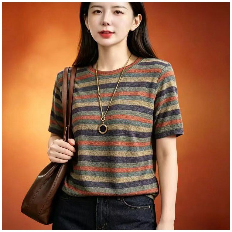 2026 Summer Fashion Striped Thin Short-sleeve Top Loose Casual Stylish...