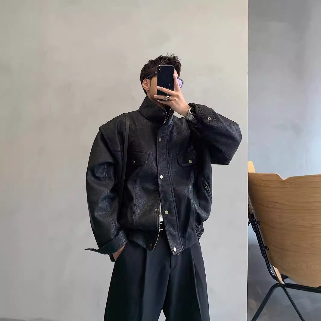 秋冬新款立领机车风青少年皮衣男痞帅气质宽松PU皮夹克外套男潮