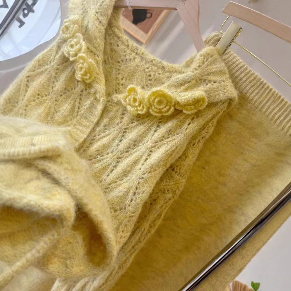 부드러운 스타일 할로우 3 차원 꽃 니트 카디건 스웨터 여성의 느슨한 게으른 세련된 슈퍼 좋은 해군 칼라 재킷