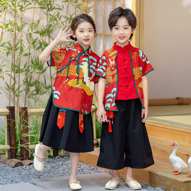 新中式男女童短袖套装2025新中国风汉服唐装短袖龙吟鹤唳唐演出服